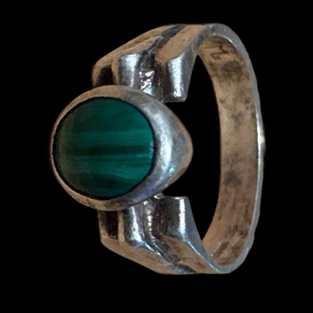 Mid Century Modern Stamped Silver Malachite Ring Size 6 - Picture 8 of 12